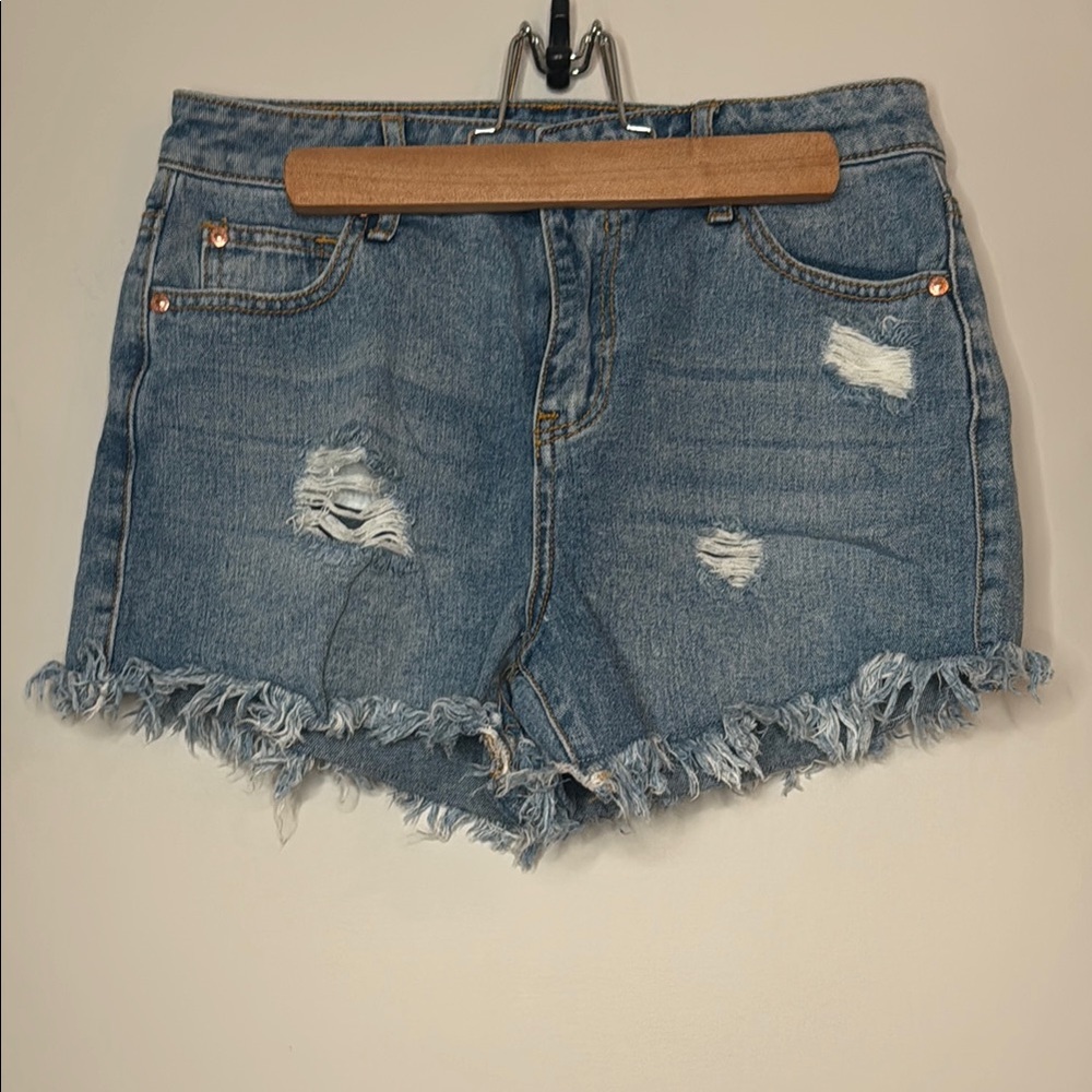 Guess Blue Jean Shorts High-Waisted Frayed Hem
